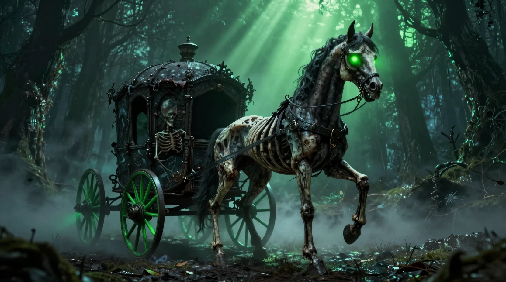 Undead skeletal horse pulling gothic carriage in dark forest