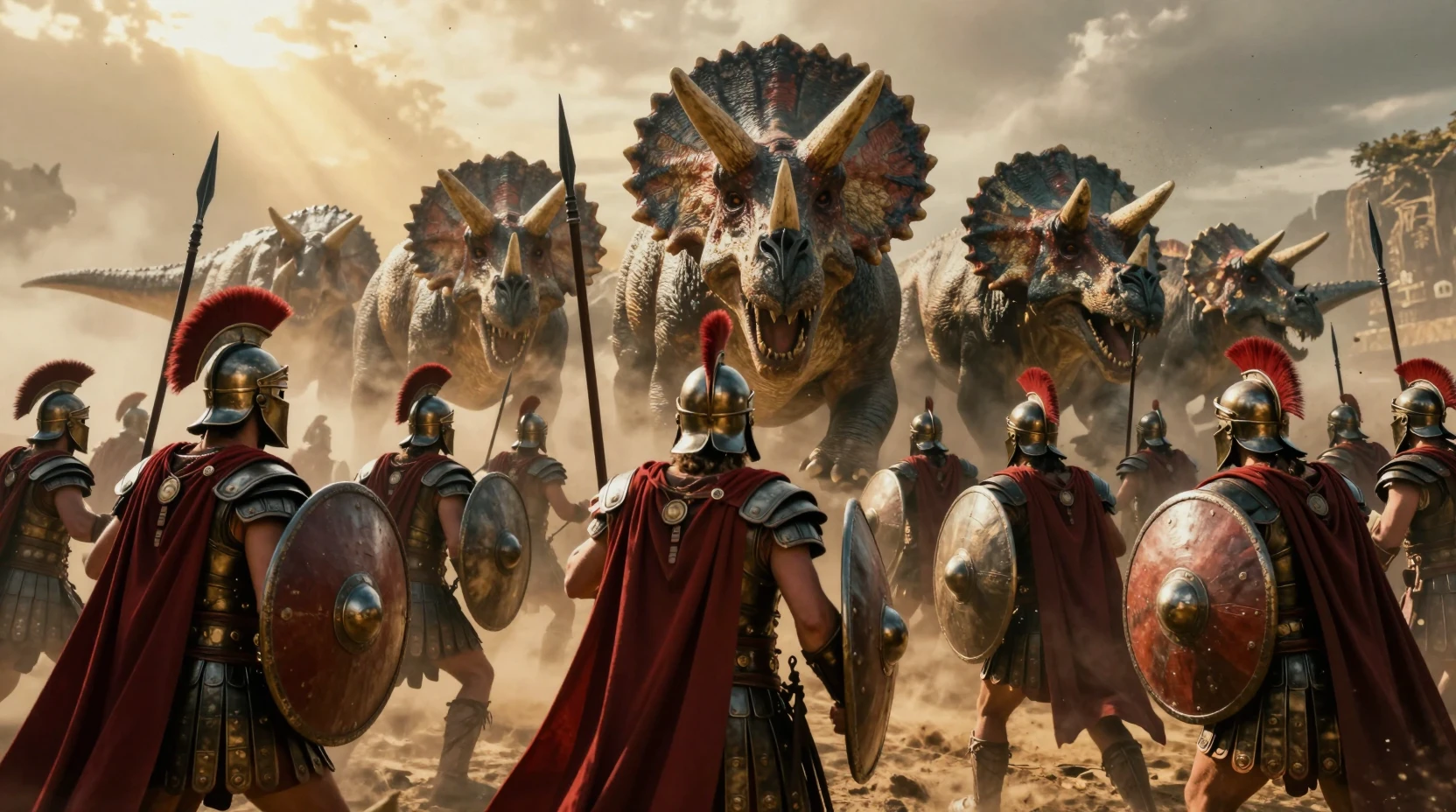 Spartan warriors facing charging dinosaurs in epic formation