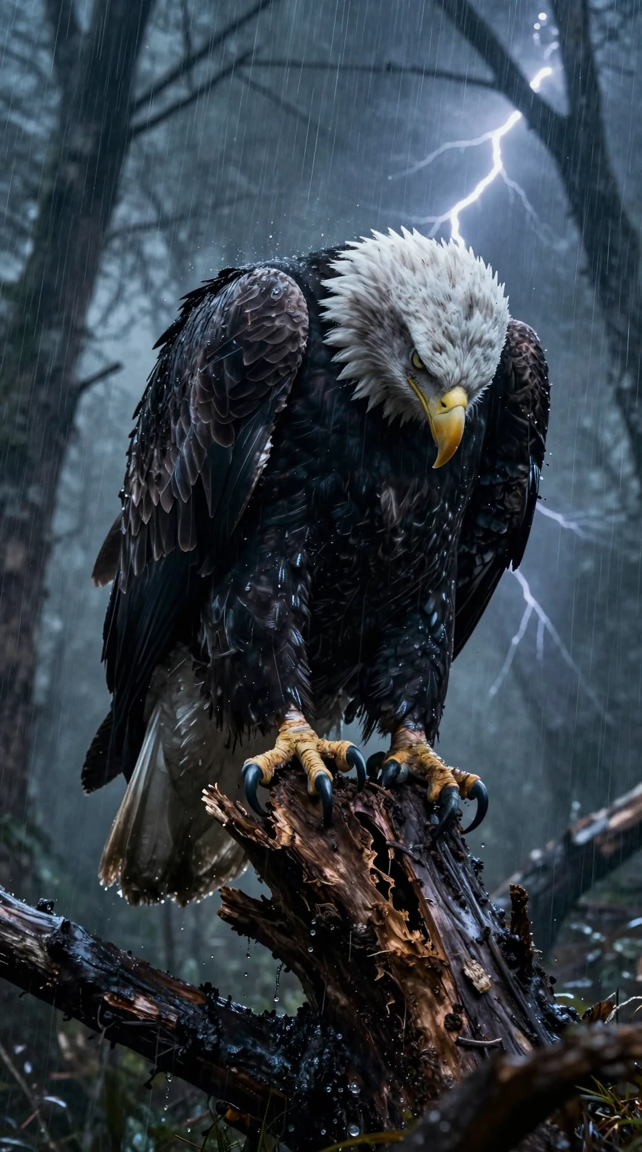 Bald eagle in a storm on a shattered forest tree