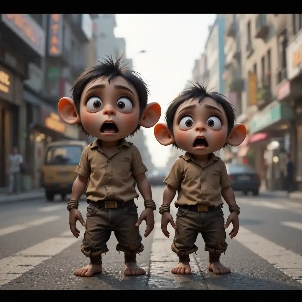 Two frightened monkey children on a crowded city street