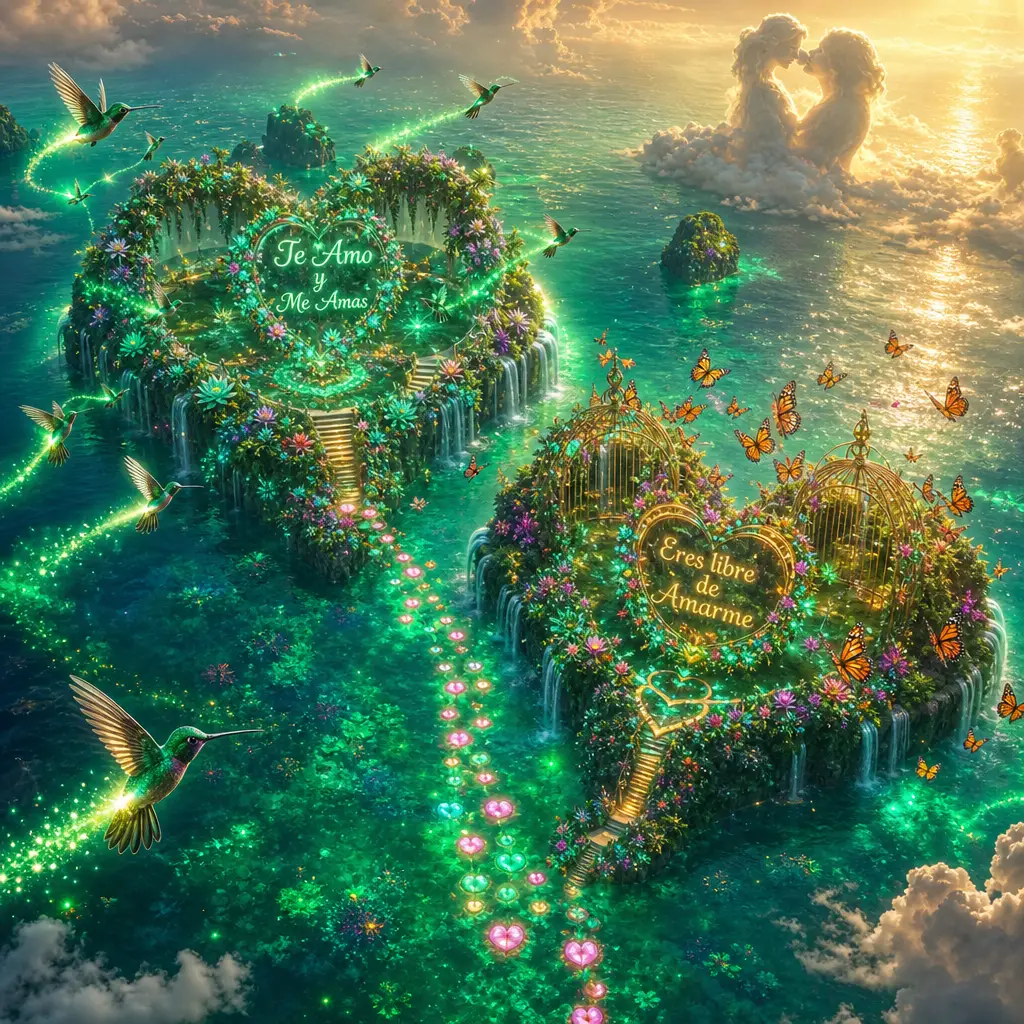 Aerial view of glowing heart shaped tropical fantasy islands