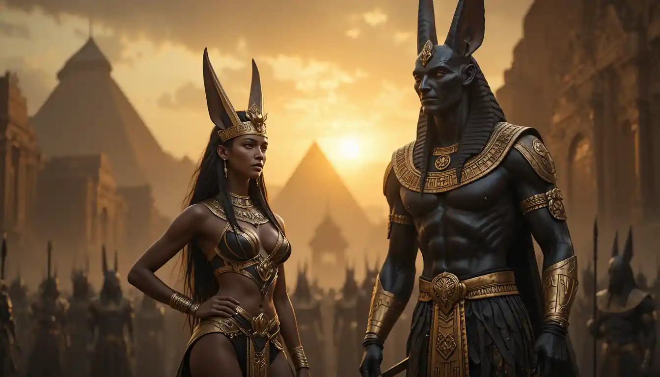 Egyptian warrior queen beside Anubis on a mythic battlefield