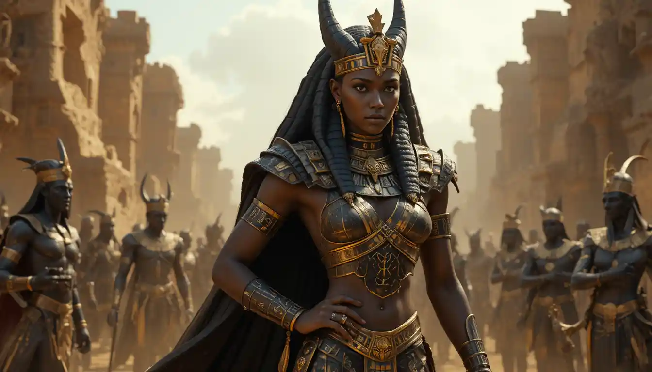 Egyptian warrior queen and Anubis leading a divine army