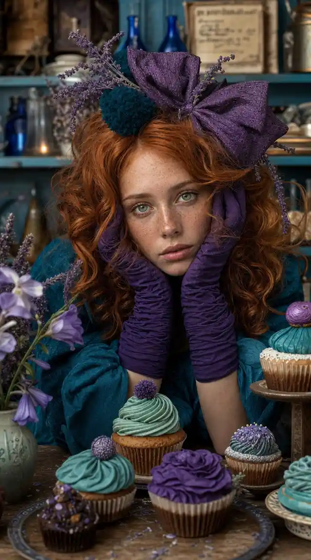 Pensive freckled woman with purple gloves in vintage kitchen