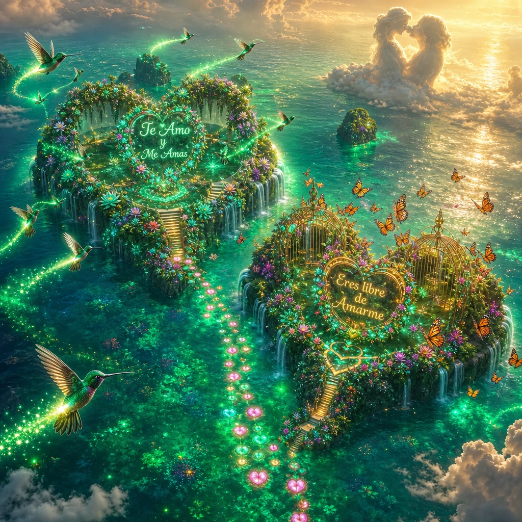 Aerial view of glowing heart shaped tropical fantasy islands