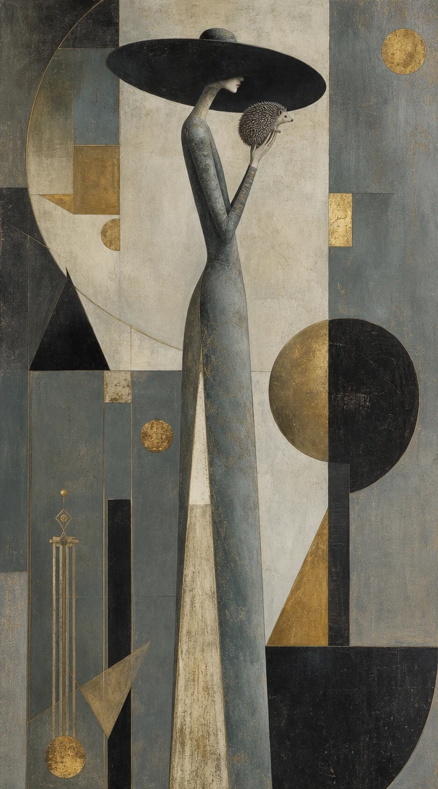 Mujer alta surrealista con erizo y sombrero de ala ancha