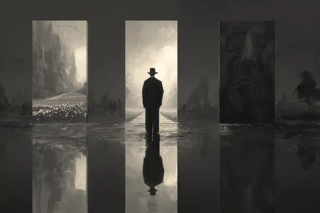 Man standing between three mirrors in a dark room
