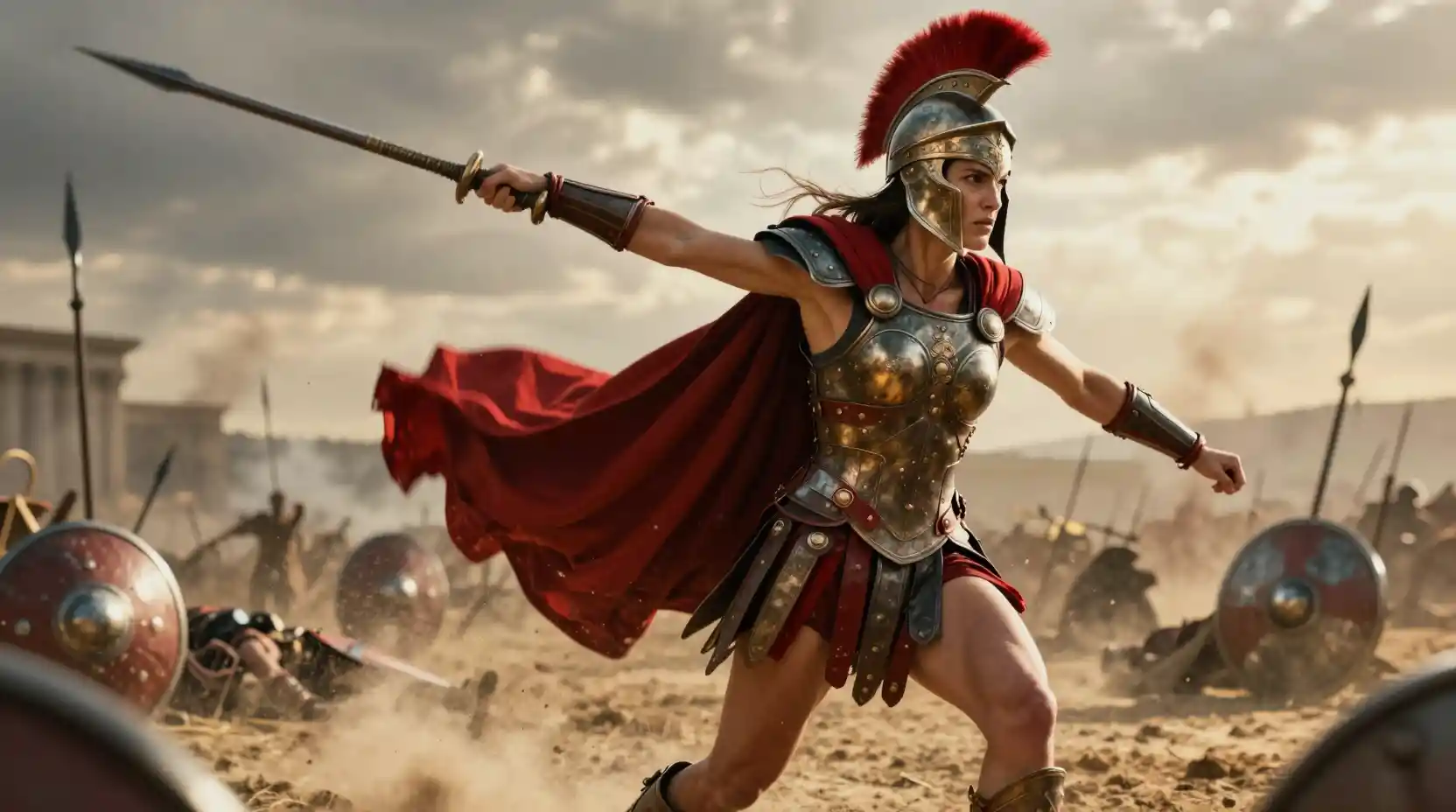 Female Spartan warrior charging forward on ancient battlefield