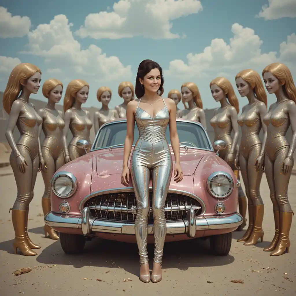 Retro future car with woman at bright 1955 spaceport