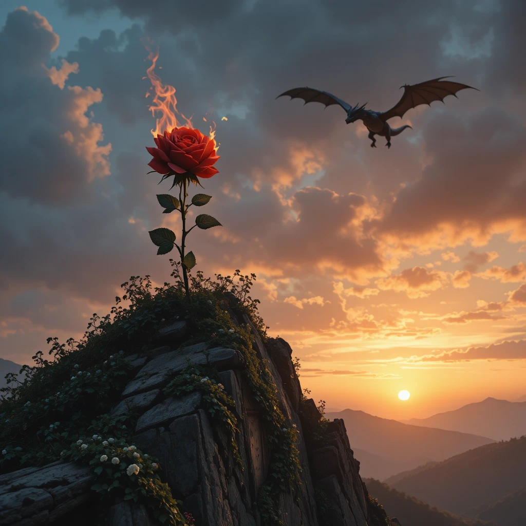 Rosa roja encantada en un pico de montaña cubierto de hiedra