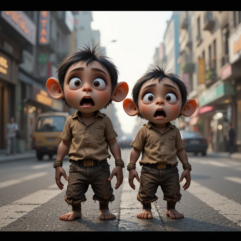 Two frightened monkey children on a crowded city street