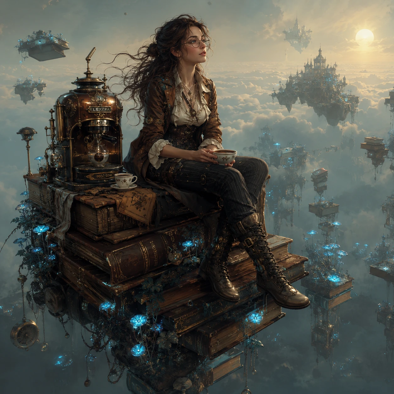 Steampunk woman on floating books in surreal morning light