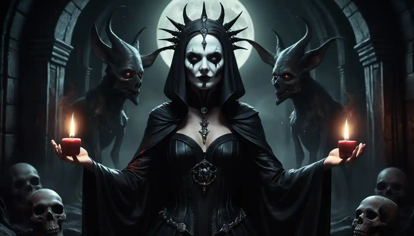Donna in rituale oscuro in una scena horror pop surreale