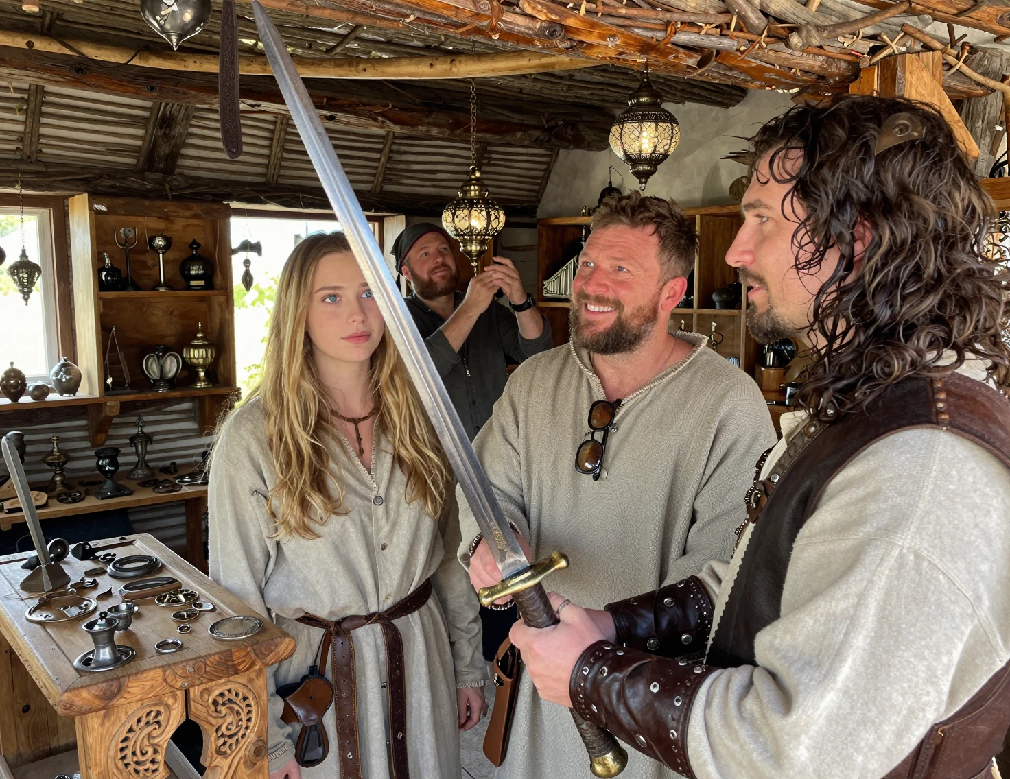 Friends examining an old sword in a bright fantasy antique shop