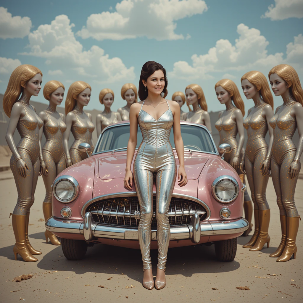 Retro future car with woman at bright 1955 spaceport