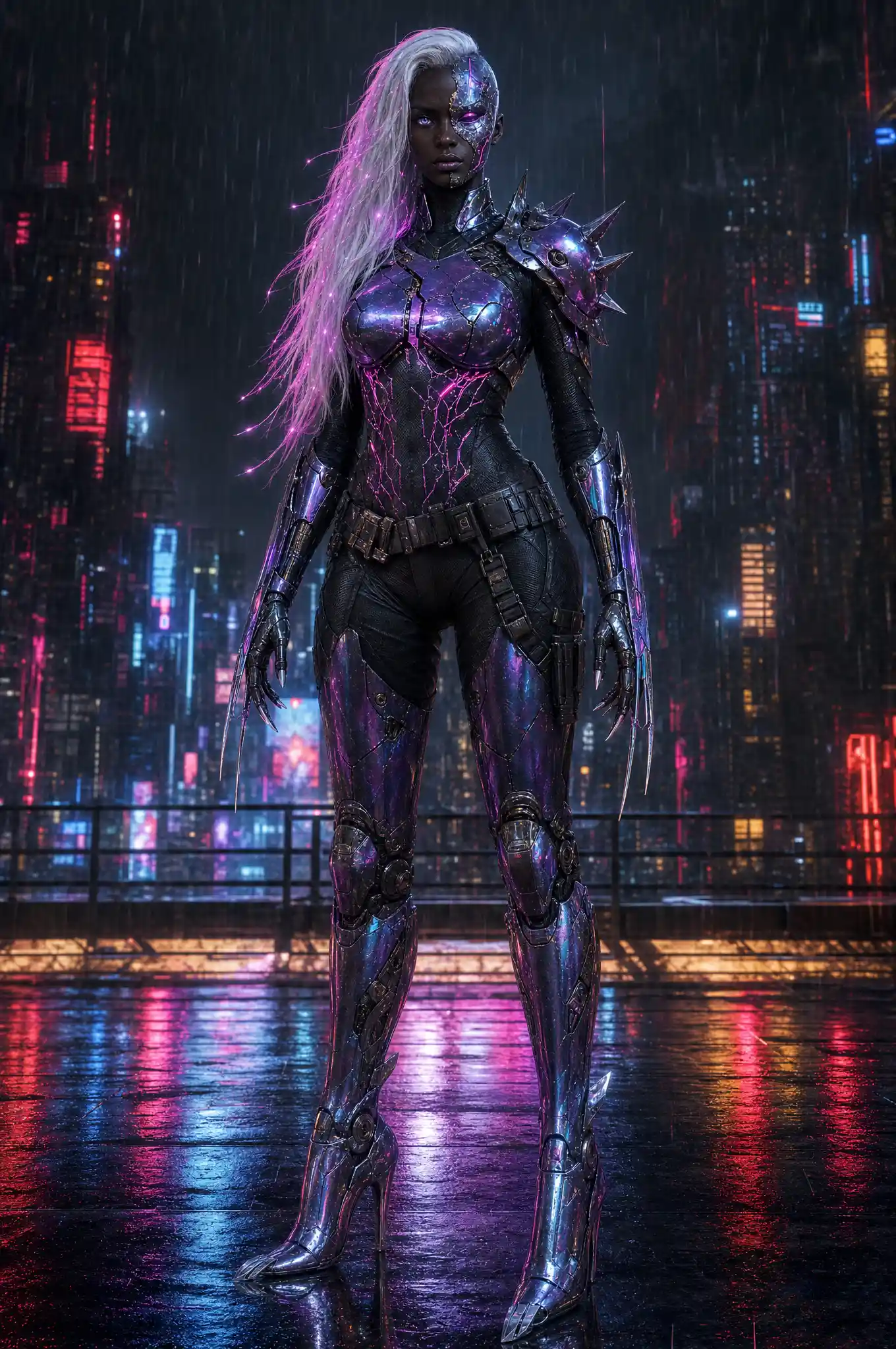 Cyberpunk warrior woman on a neon soaked rooftop