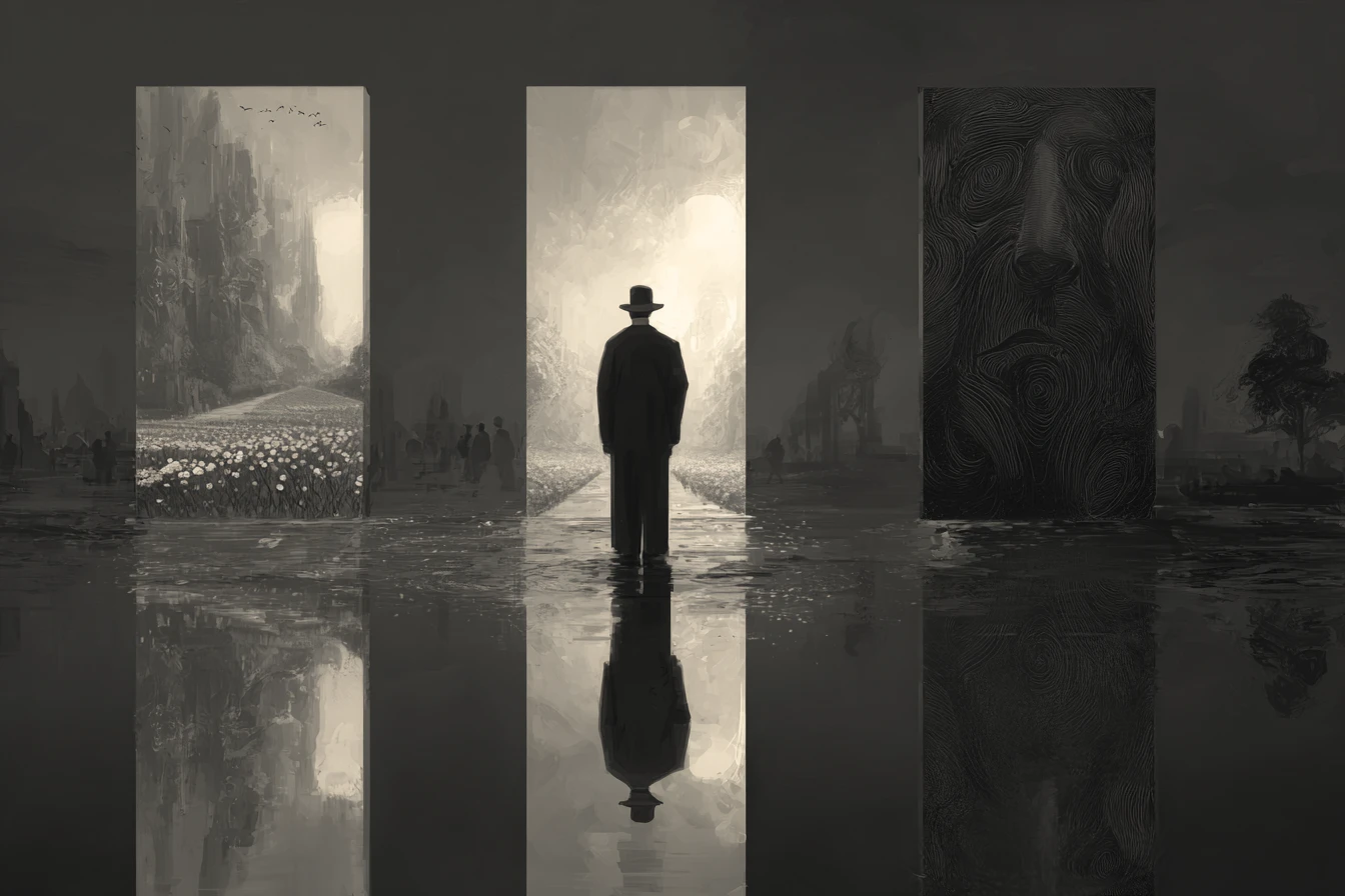 Man standing between three mirrors in a dark room