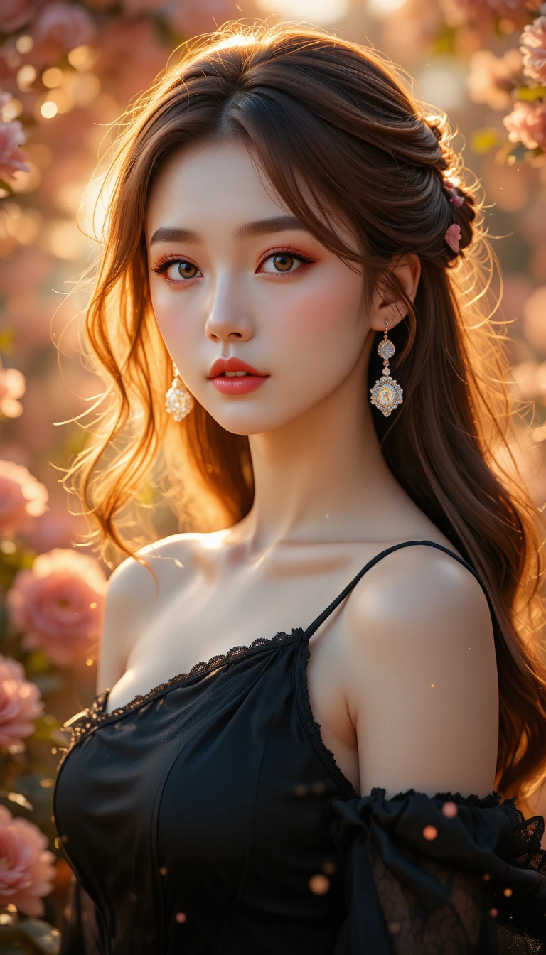 Elegant girl in black dress at sunset rose garden