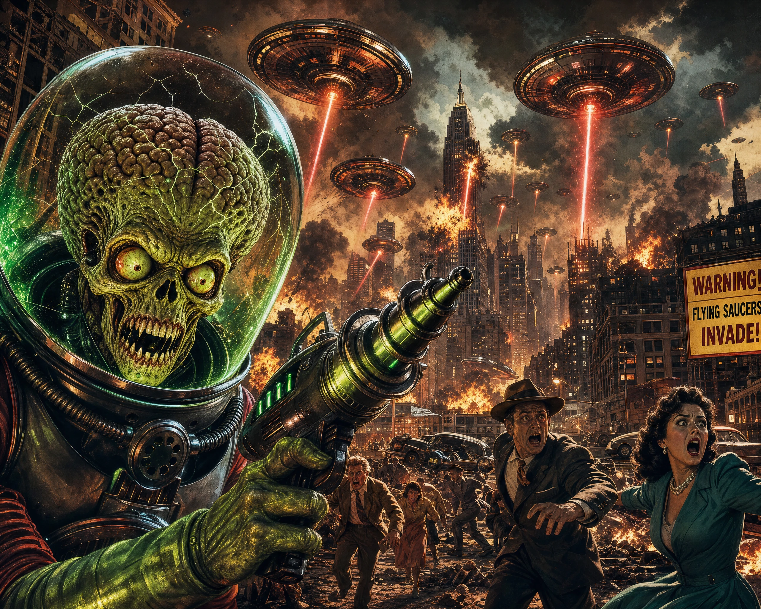 Menacing alien towers over chaotic retro city invasion
