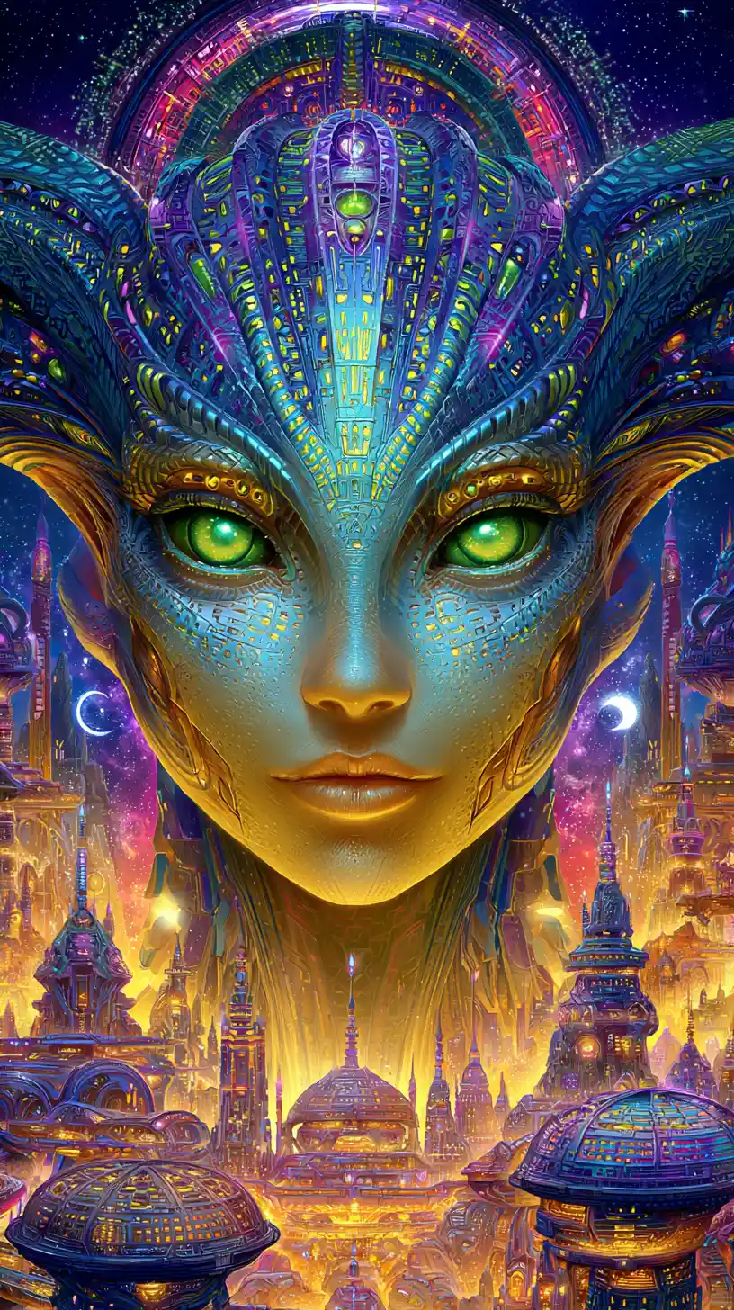Ethereal alien queen with glowing eyes over cosmic city