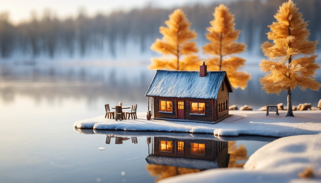 Miniature Wooden Cafe Beside A Frozen Lake At Dawn