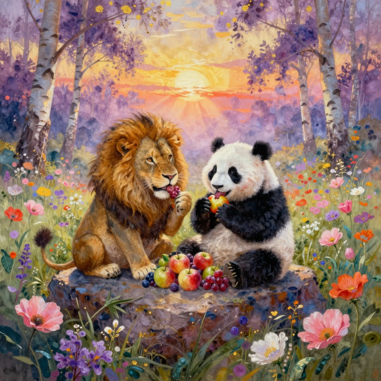 Lion and panda sharing food on a sunset flower field rock
