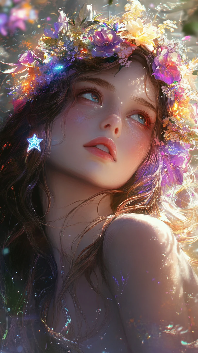 Ethereal woman with crystal flower crown in glowing garden