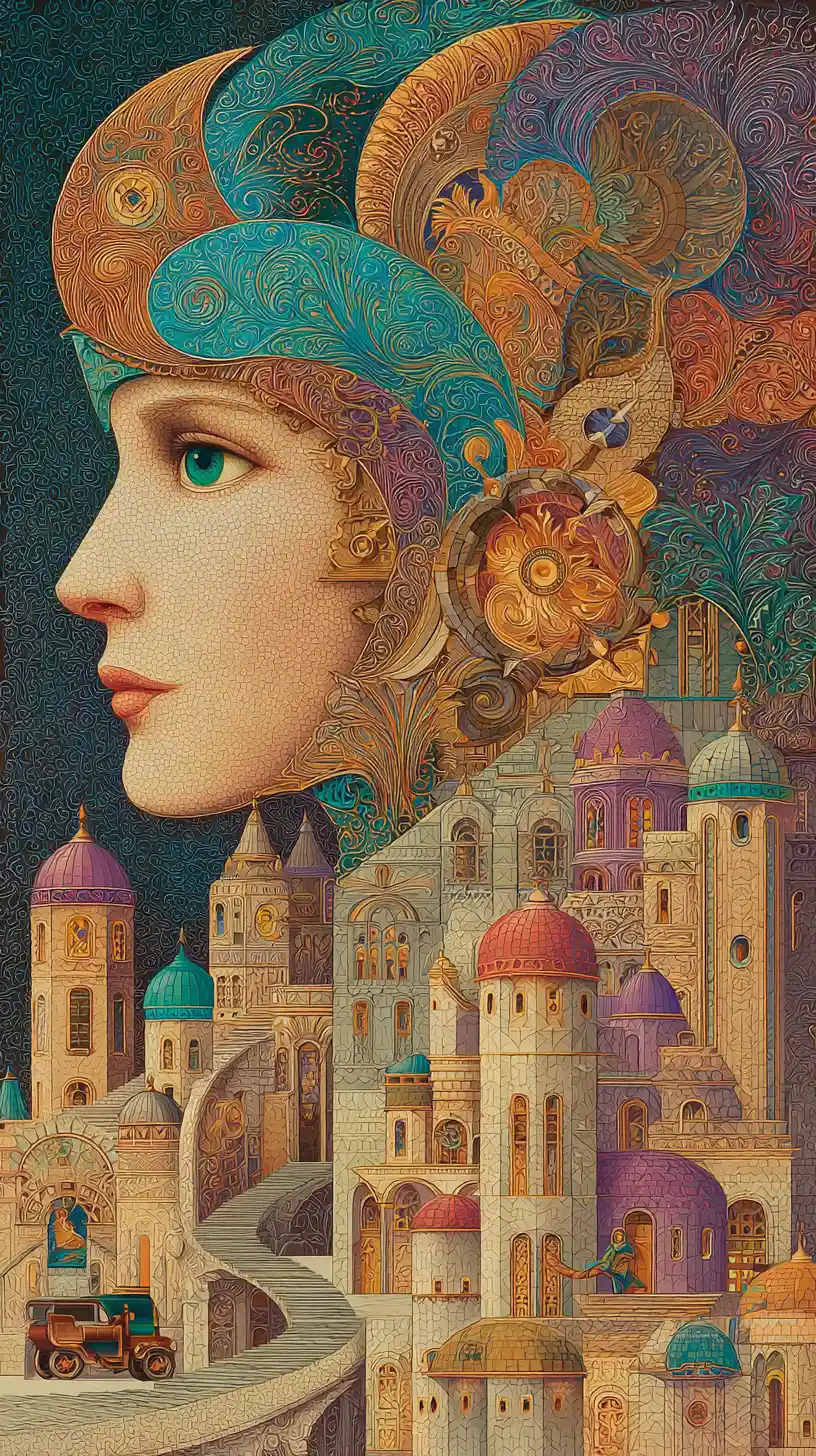Surreal woman in ornate mechanical headdress over fantasy city
