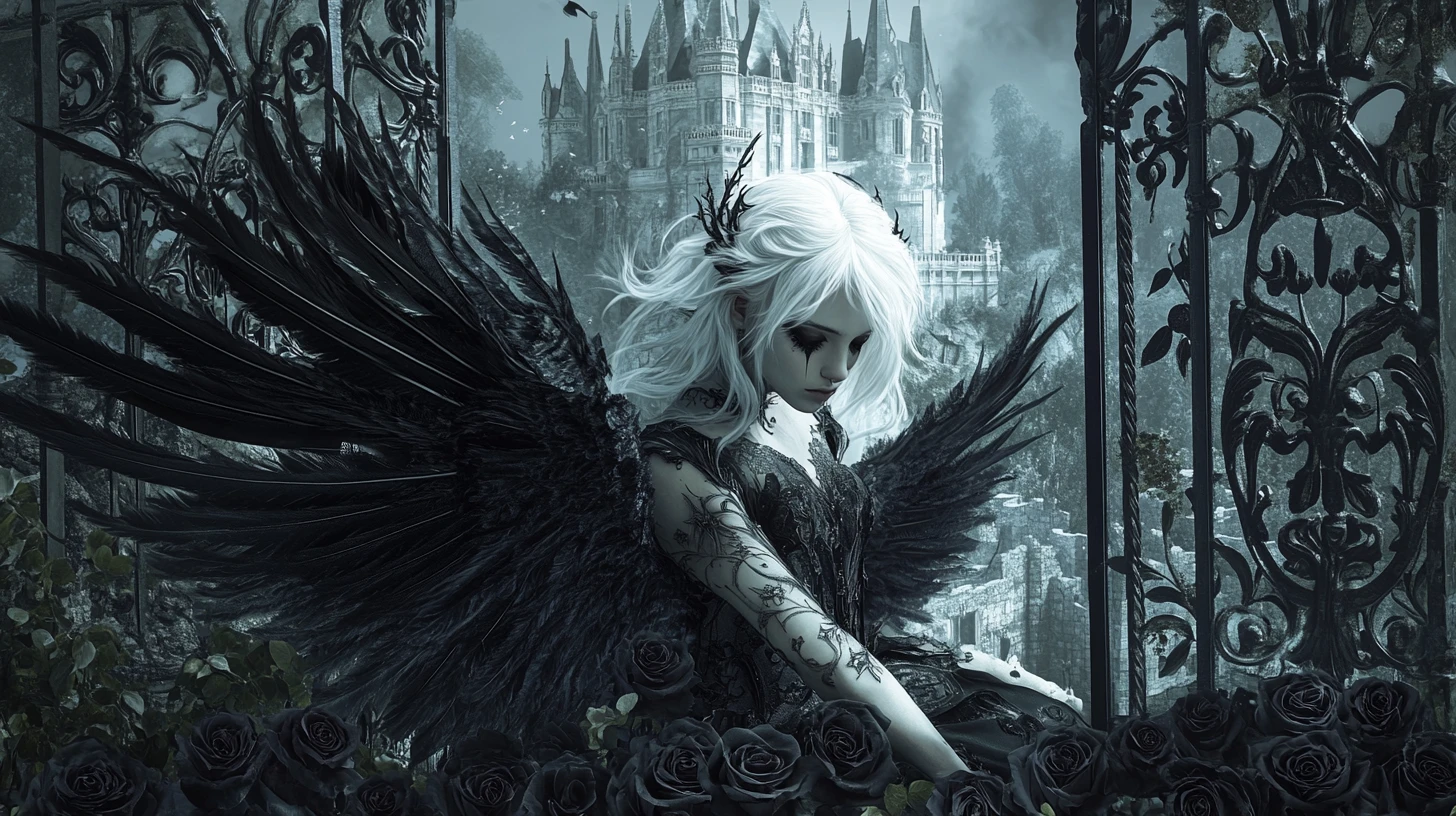 Punk angel resting among black roses before a distant castle