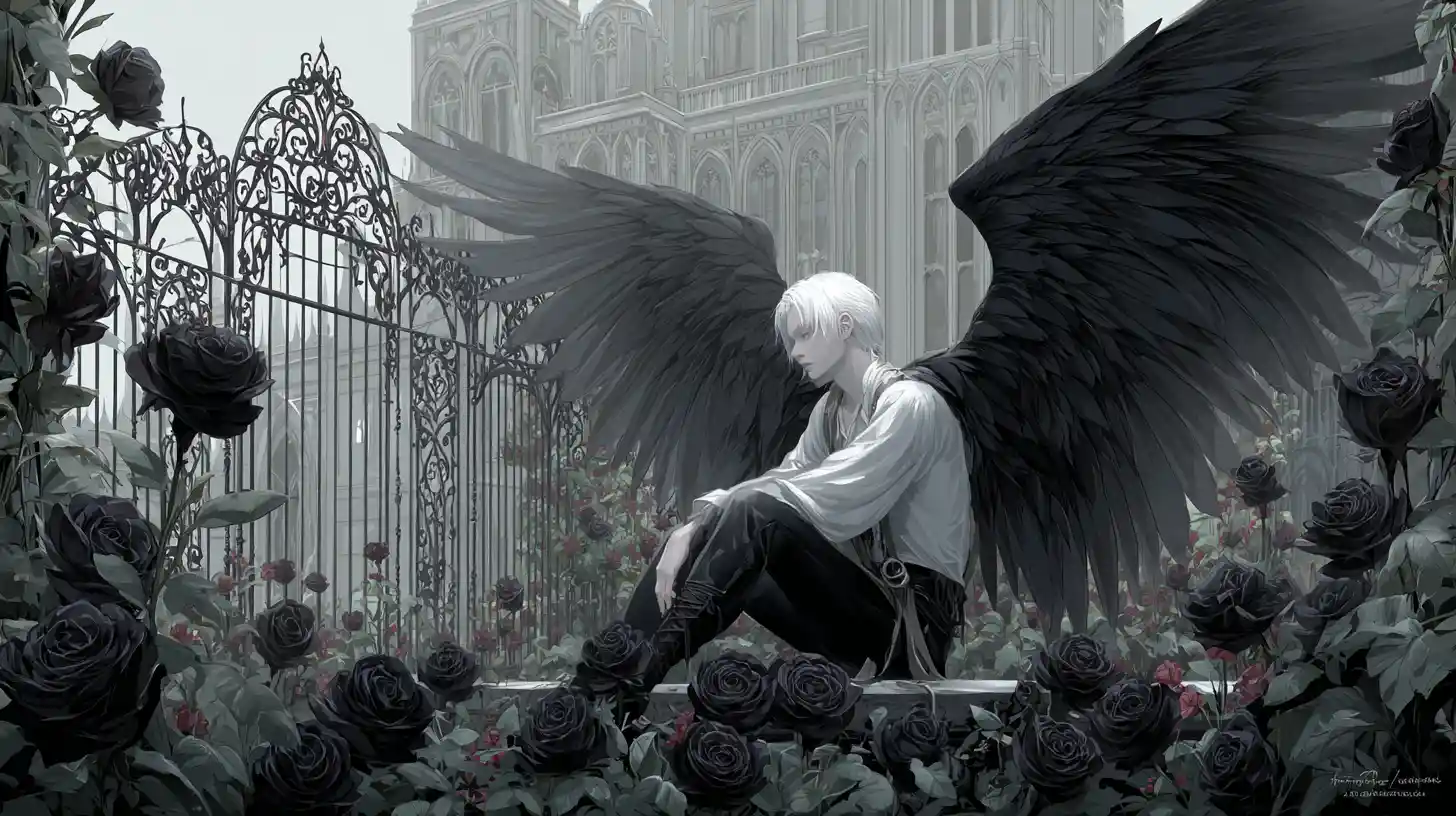 Ange aux cheveux blancs et aux ailes noires dans une roseraie