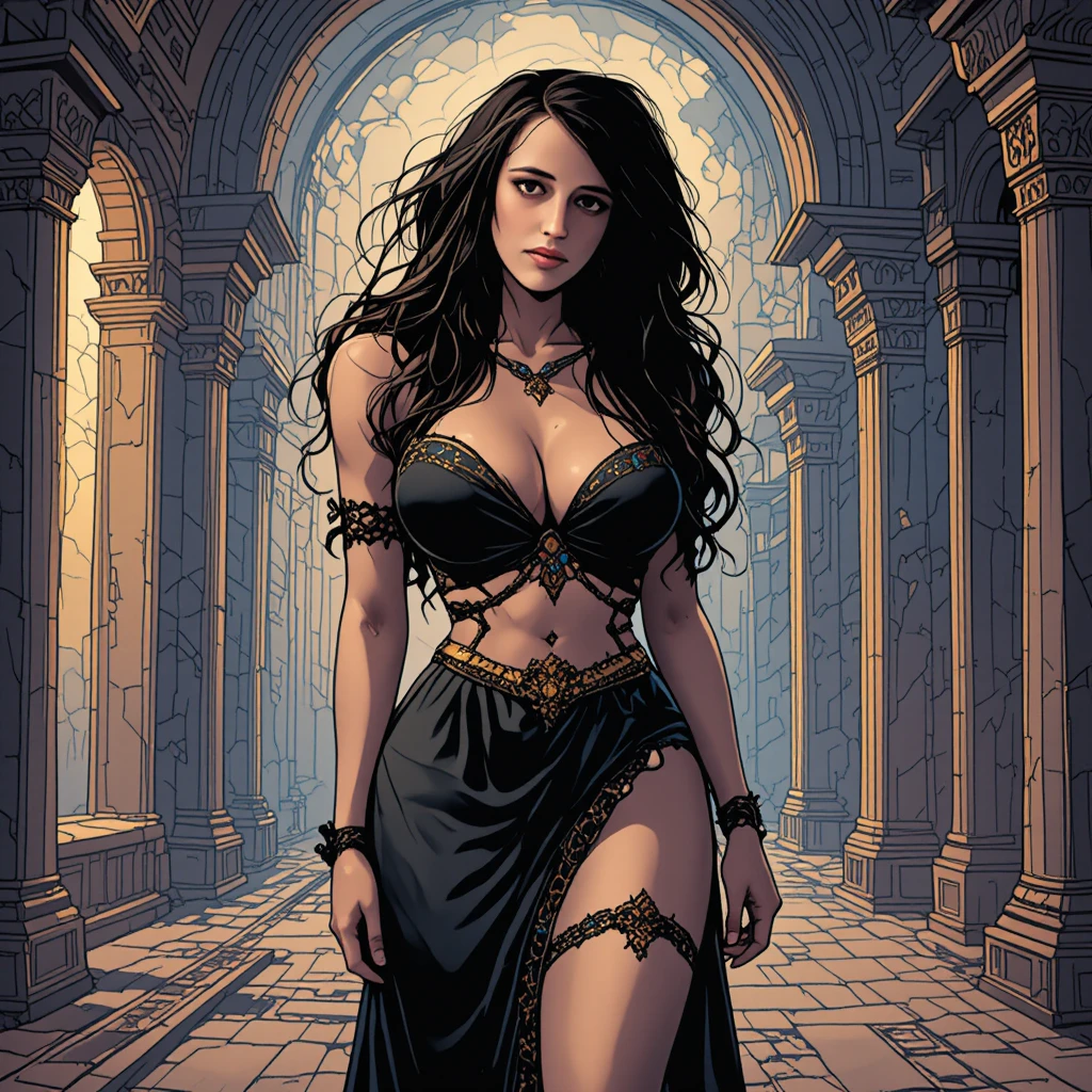 Curvy woman in black lingerie in an arabian palace