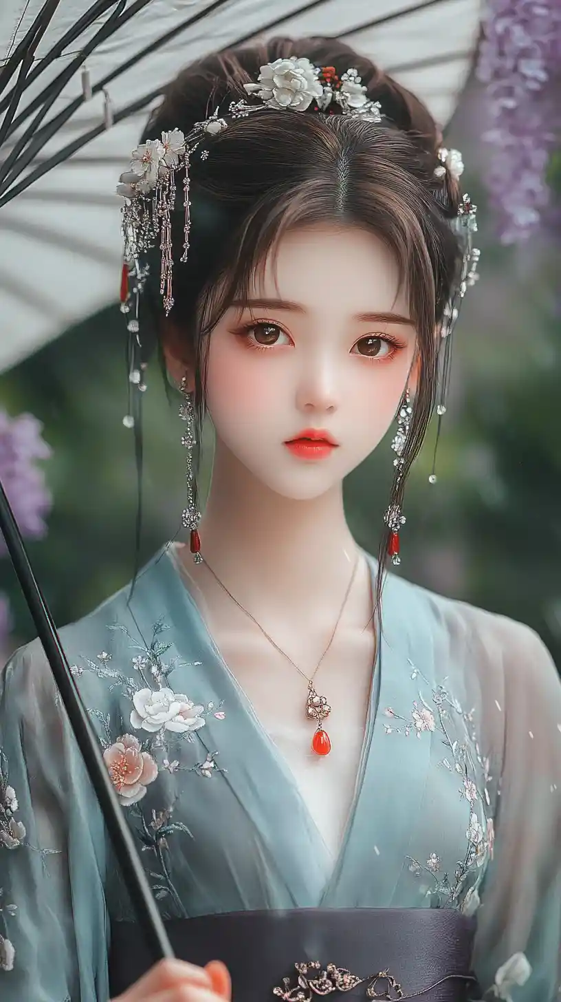 Hanfu anime girl with parasol in lilac garden