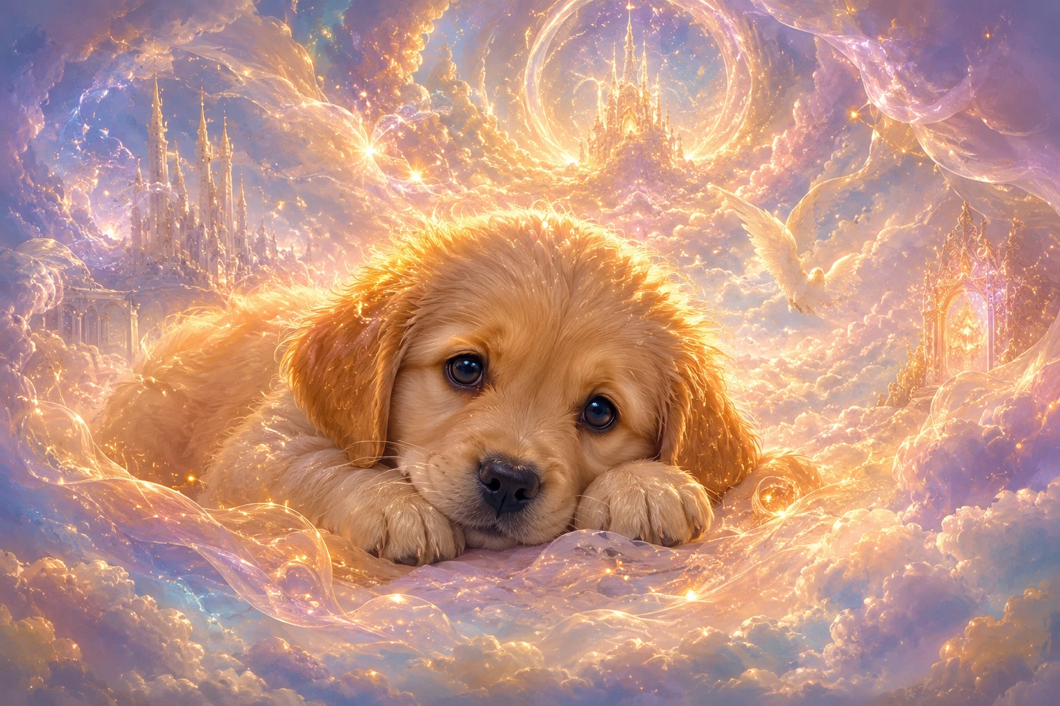 Golden retriever puppy resting in glowing dreamlike clouds
