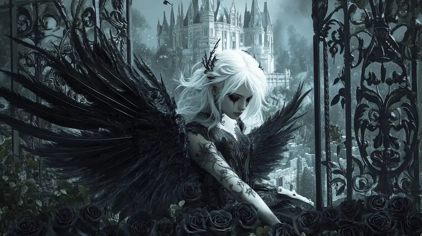 Punk angel resting among black roses before a distant castle