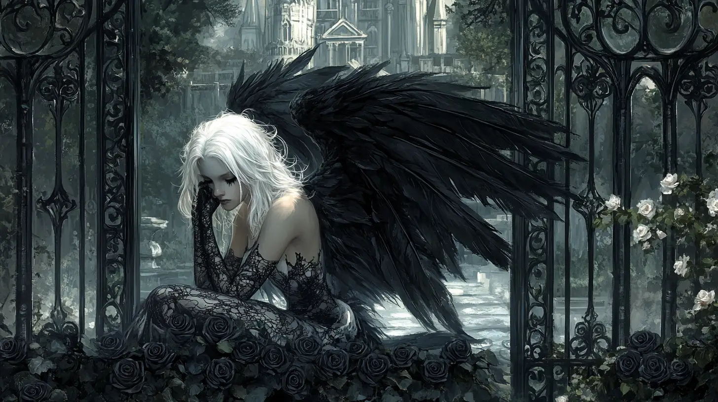Pale punk angel resting among black roses in a garden