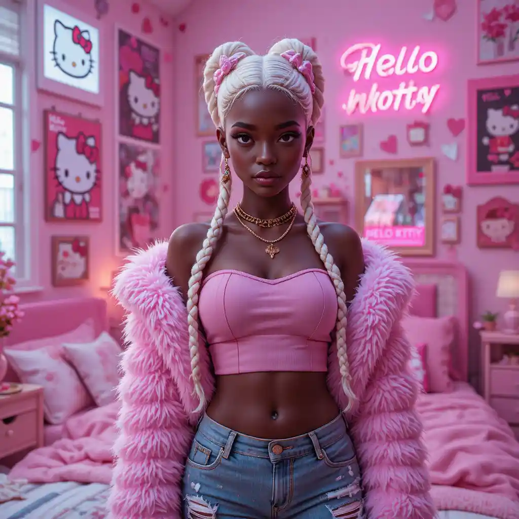 3D girl in pink y2k bedroom with neon hearts