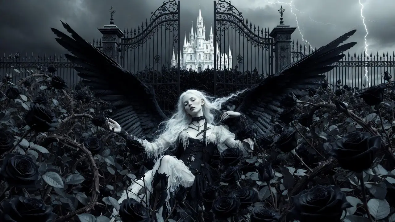 Pale punk angel resting in a black rose garden