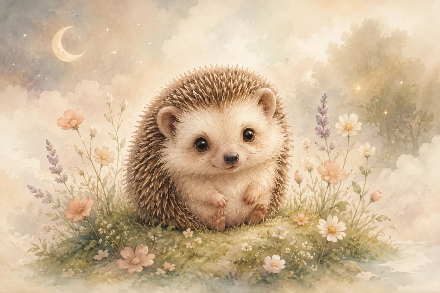 Cute baby hedgehog sitting in a soft floral meadow