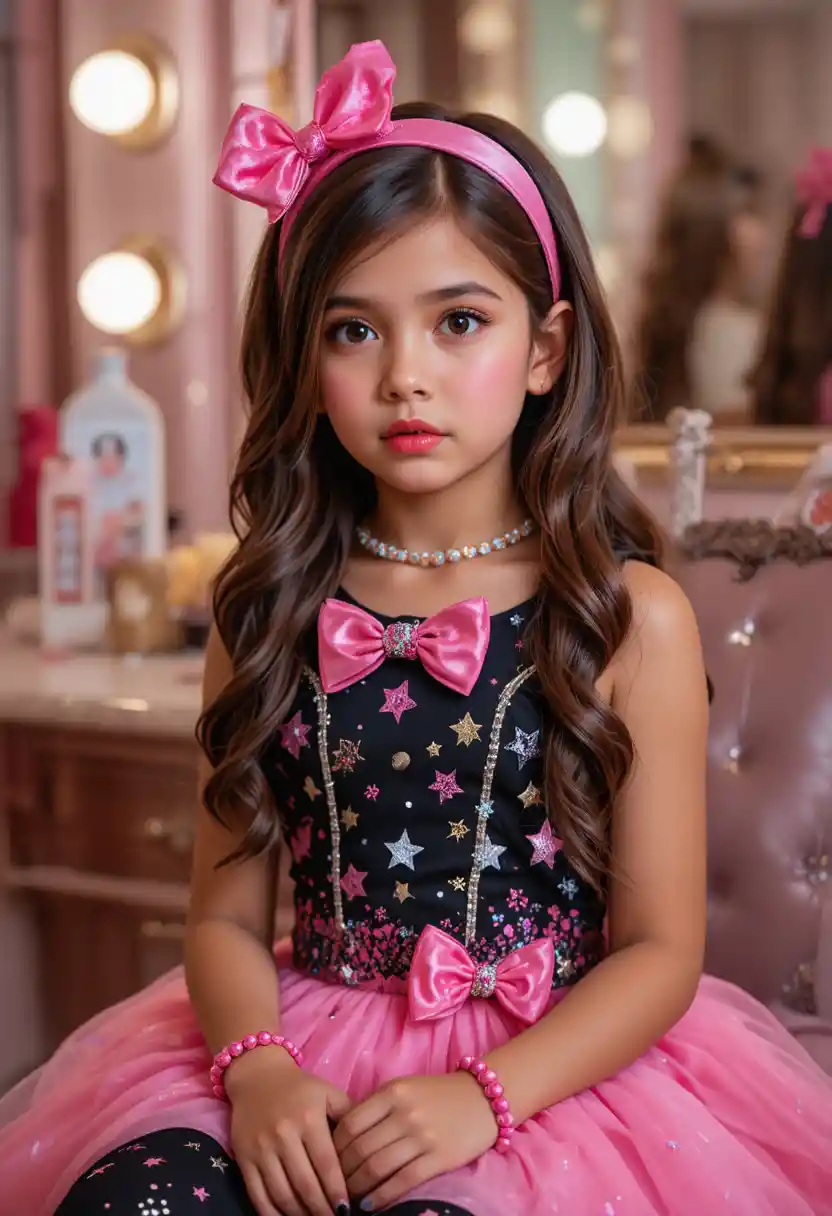 Young boy in pink star dress at a makeup vanity