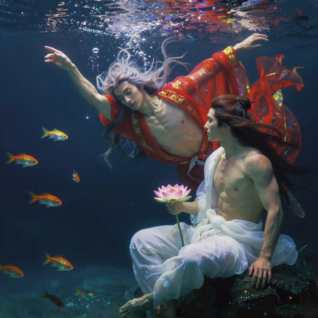Two ethereal Chinese princes underwater in graceful embrace