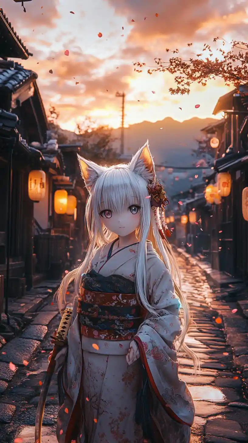 Cat girl in tattered kimono on ancient Japanese street