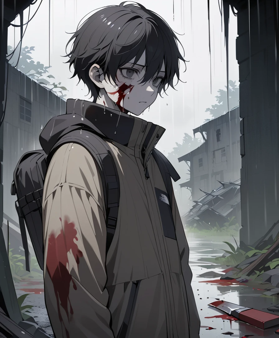 Dead man tied to a tree in a dark forest