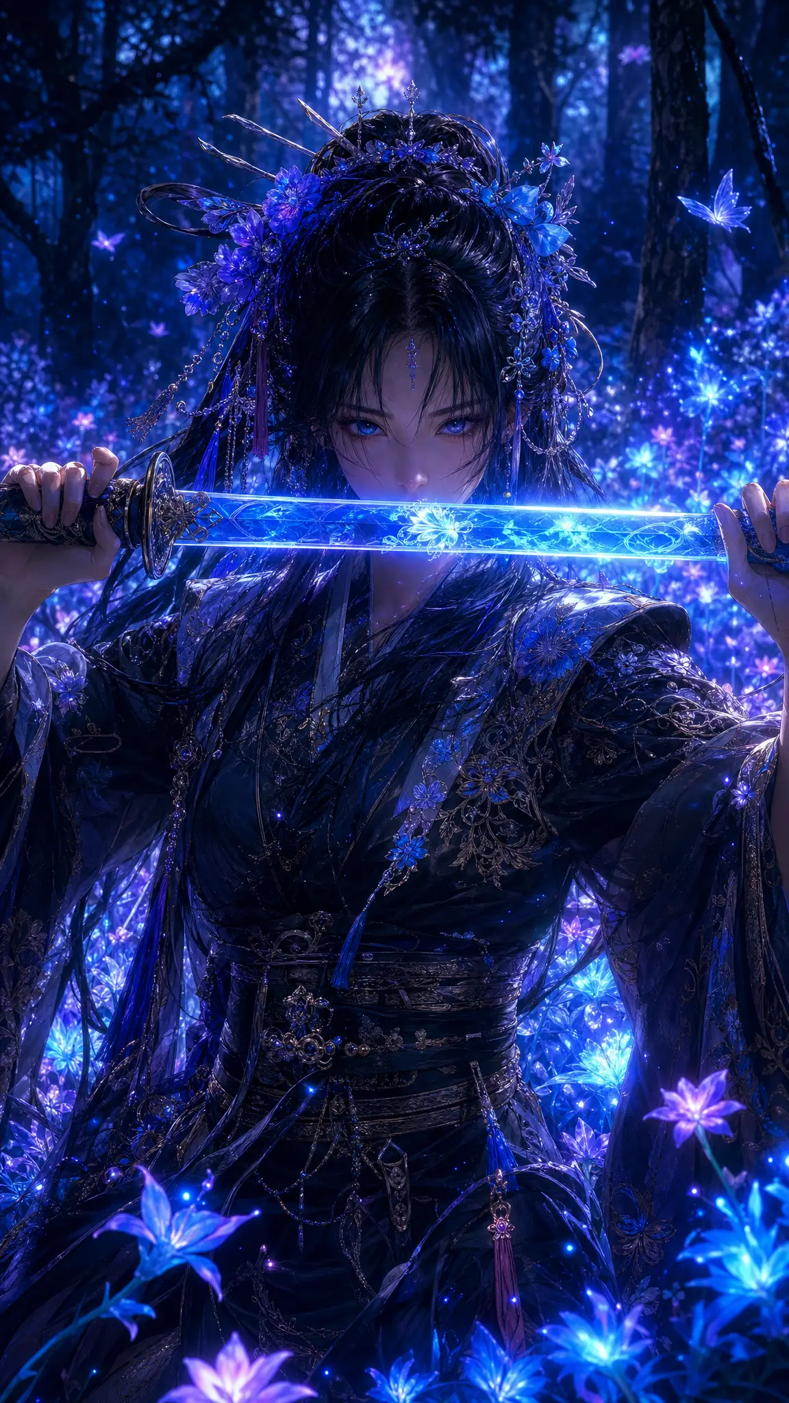Kunoichi com katana brilhante em uma floresta mística