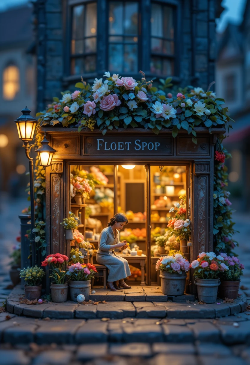 Tiny tilt shift flower shop glowing warmly at dusk