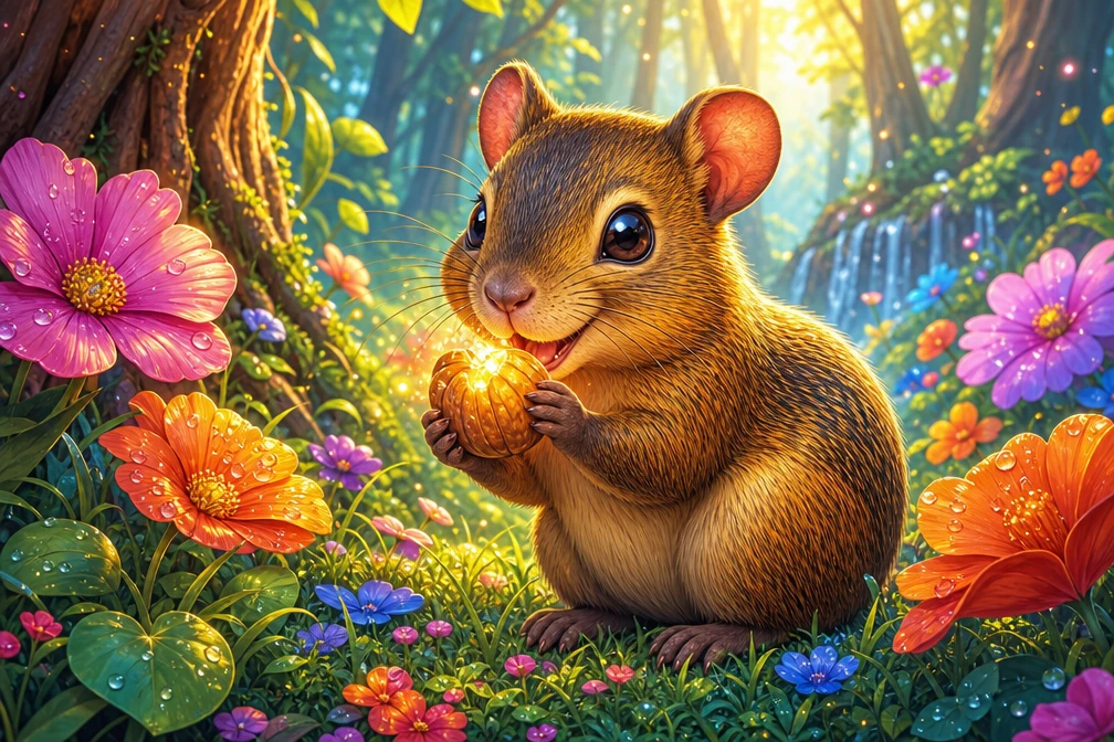 Cute baby rodent nibbling a glowing nut in forest meadow