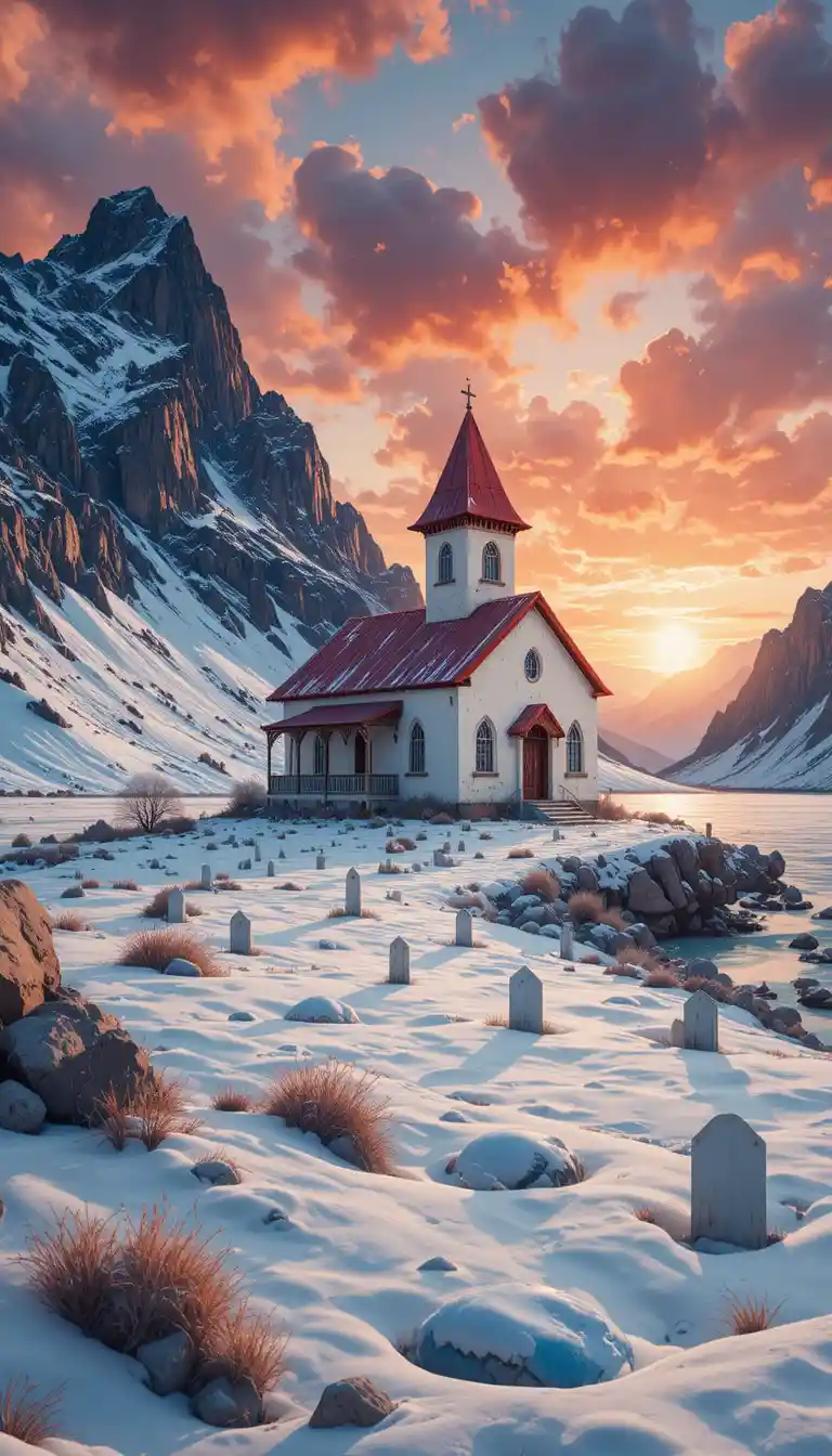 Église de montagne au bord d’un lac gelé au calme coucher de soleil d’hiver