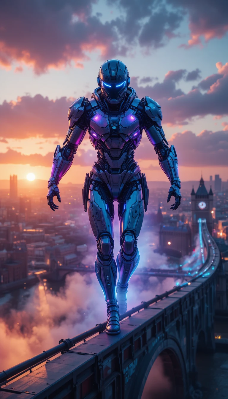 Futuristic robot flying above a glowing city bridge