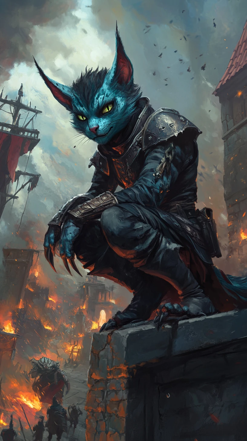 Blue fantasy creature perched above burning medieval city
