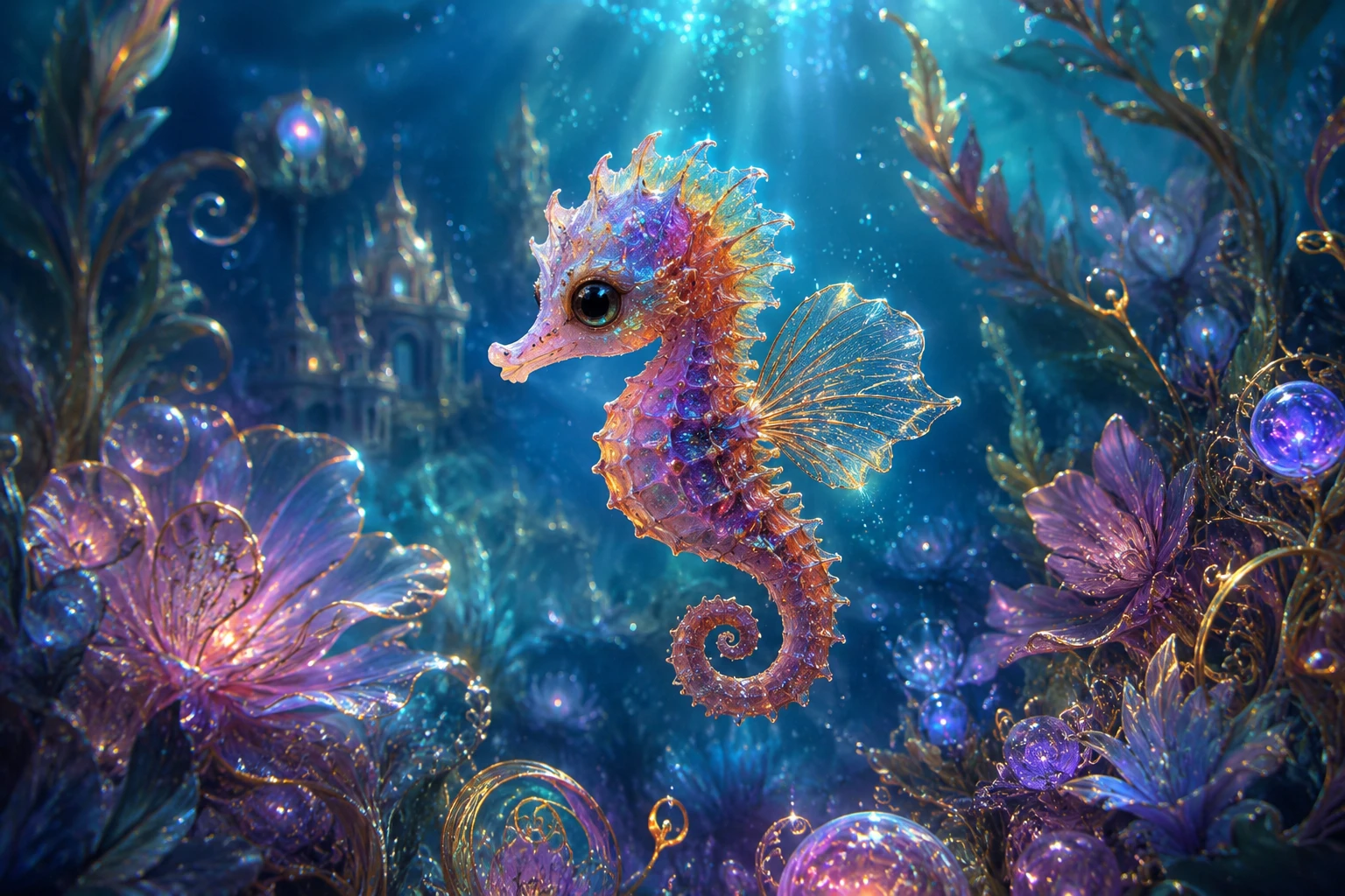 Cute baby seahorse in glowing fantasy underwater garden