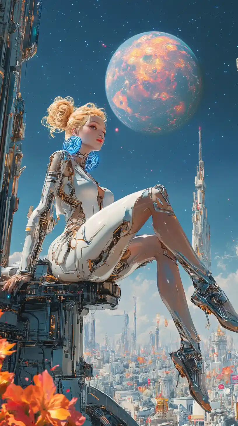 Elegant female cyborg in heels under a glowing cosmic moon
